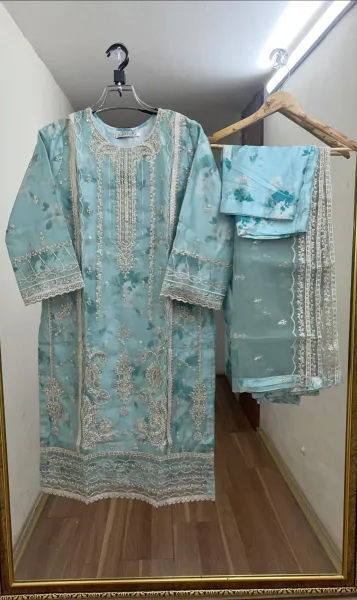 Pakistani Original Schick Dr. Haris Luxury Organza Stitched 3Pcs _ Aqua 